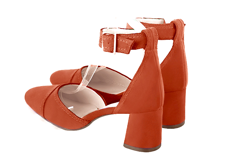 Terracotta orange women's open side shoes, with a strap around the ankle. Round toe. Medium flare heels. Rear view - Florence KOOIJMAN